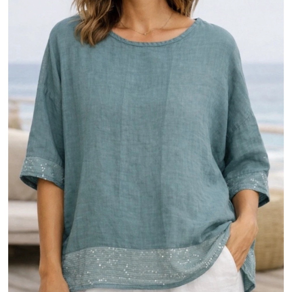 Bellambra Made in Italy Linen Sequin Trim Top Sage Green Relaxed L Large